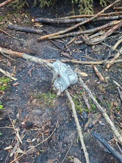 A disposable BBQ is discarded in the Forest, and surrounded by burned ground.