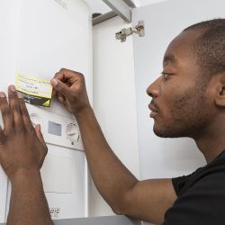 Engineer applying annual service sticker